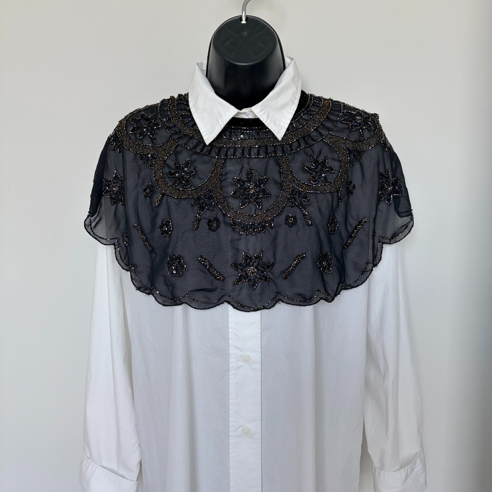 Vintage Style Black Beaded Mesh Collar Capelet Velvet Tie Scalloped Floral Star